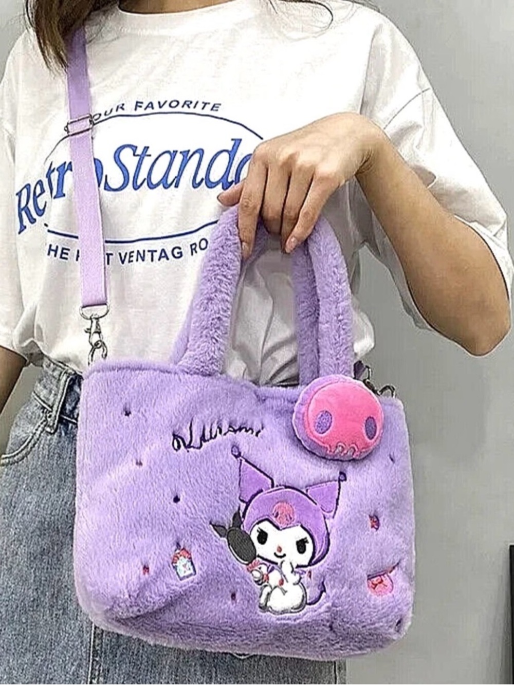 Japanese KUROMI Plush Crossbody Bag Kawaii Gyaru Hello Kitty Trend Women Girls - Picture 2 of 3